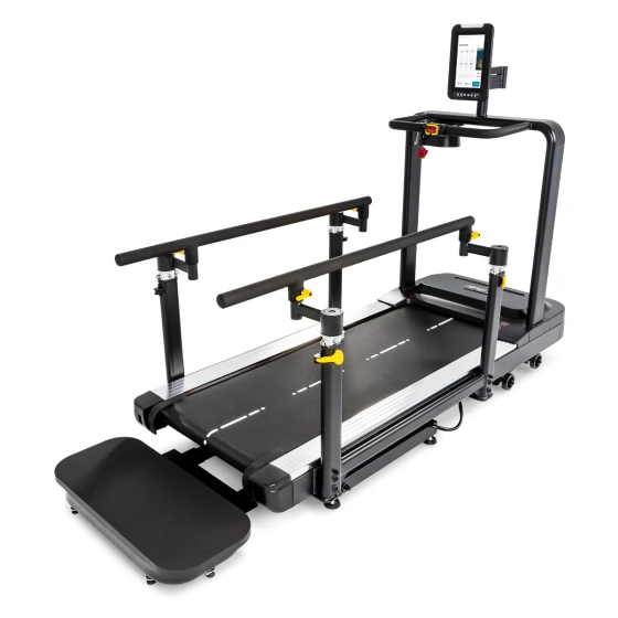 Black Spirit 8.0T rehab treadmill with dual parallel support handrails and a touchscreen console