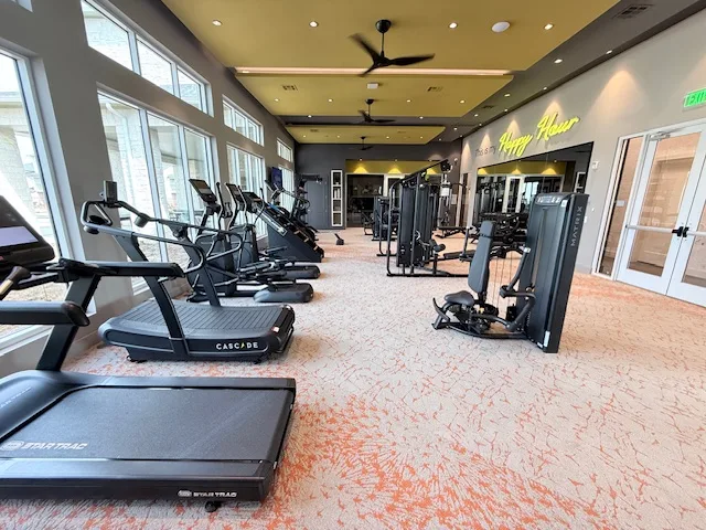 Curved manual runner and Star Trac treadmills along a window wall in a Spring, Texas apartment gym