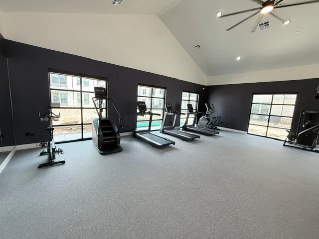 Indoor cycle, stair climber, treadmills and an elliptical along black-framed windows in a Spring, Texas apartment gym