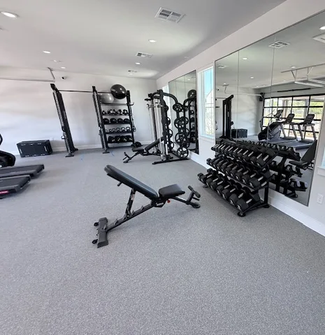 Dumbbell rack, adjustable bench, storage rack and half rack under a mirror wall in a Spring, Texas apartment gym