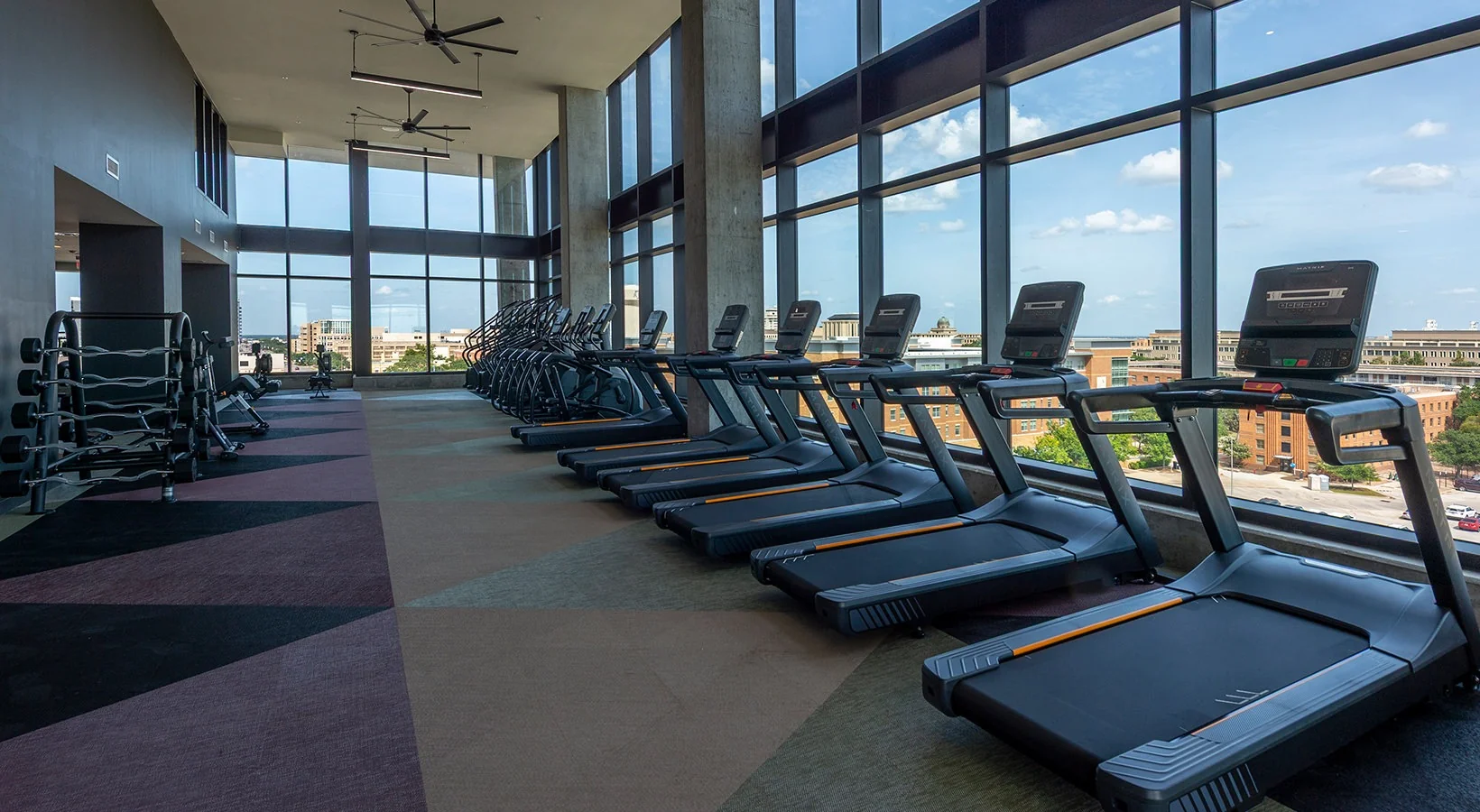 Row of Matrix treadmills along a glass wall in a student housing fitness center overlooking the campus skyline
