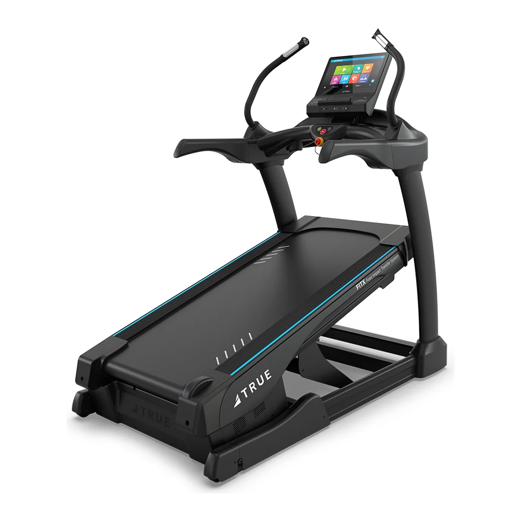 Black TRUE Alpine Runner incline trainer with its deck raised to a steep incline and tall upper handgrips