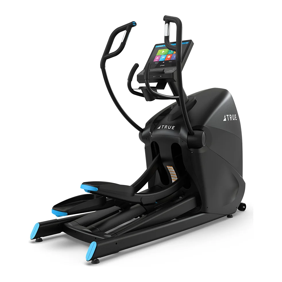Black TRUE Apex cross trainer with blue-tipped pedals, MultiGrip handlebars and a touchscreen console