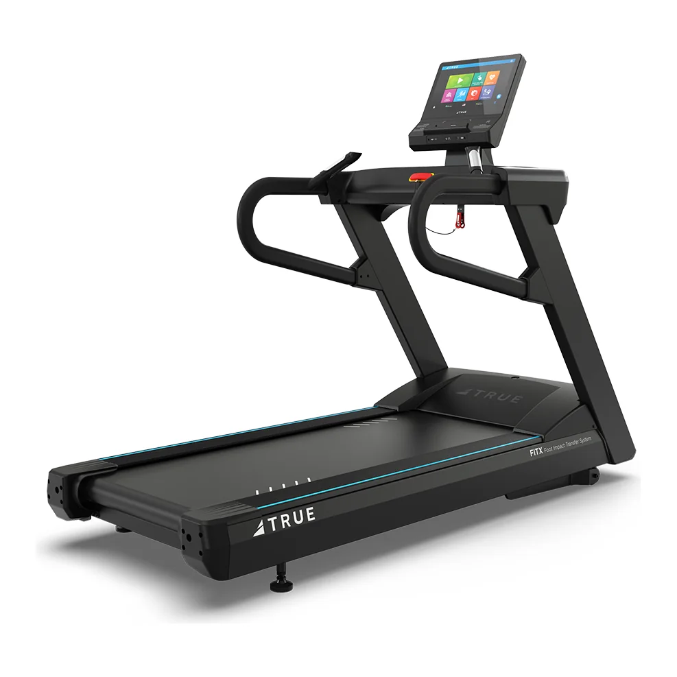 Black TRUE Apex treadmill with curved handrails, blue deck accents and a touchscreen console