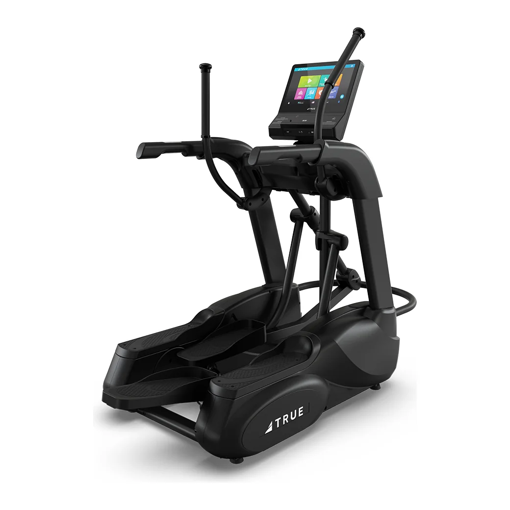 Black TRUE Gravity elliptical with moving arm handles, extended handrails and a touchscreen console