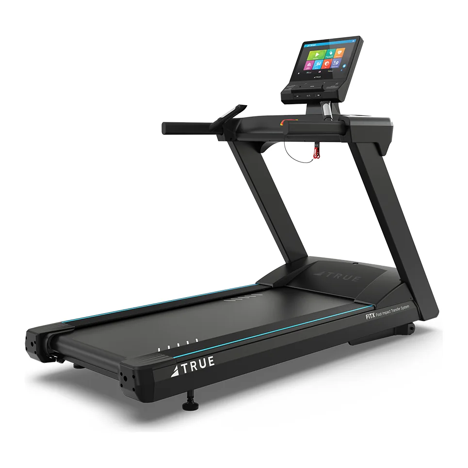 Black TRUE Gravity Plus treadmill with blue accent stripes along the deck and a touchscreen console