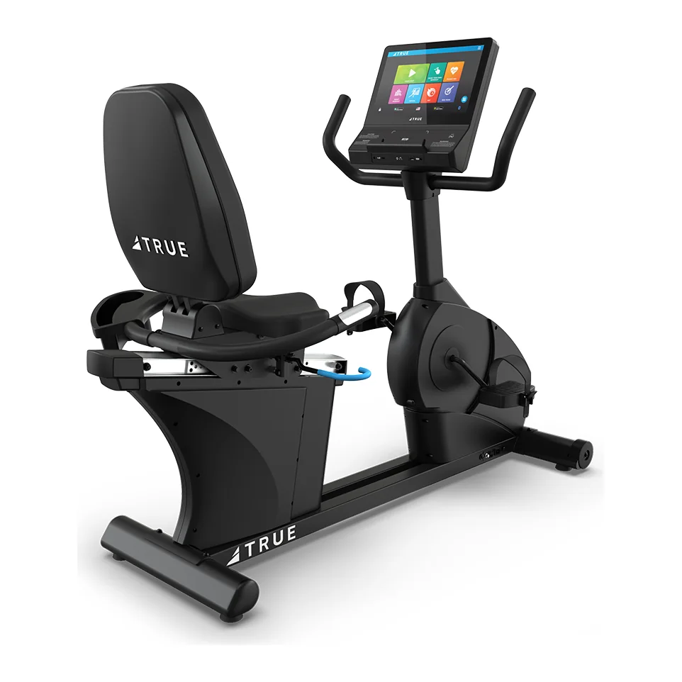 Black TRUE Gravity recumbent bike with a reclining padded seat back, side handles and a touchscreen console