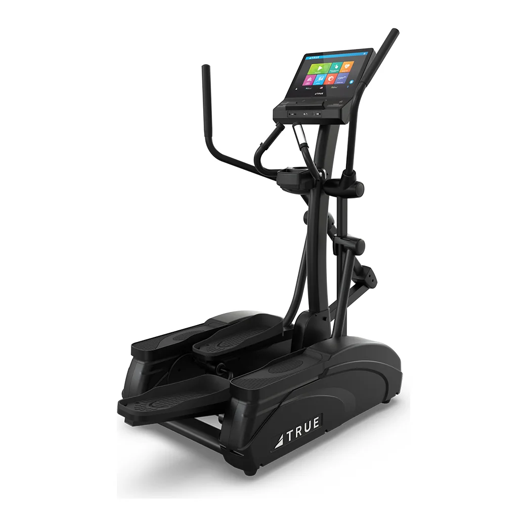 Black TRUE Launch elliptical with moving arm handles, a touchscreen console and a compact frame