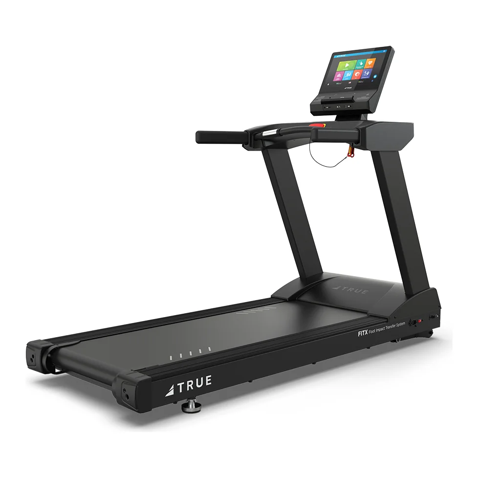 Black TRUE Launch treadmill with a touchscreen console, side handrails and the TRUE wordmark on the deck