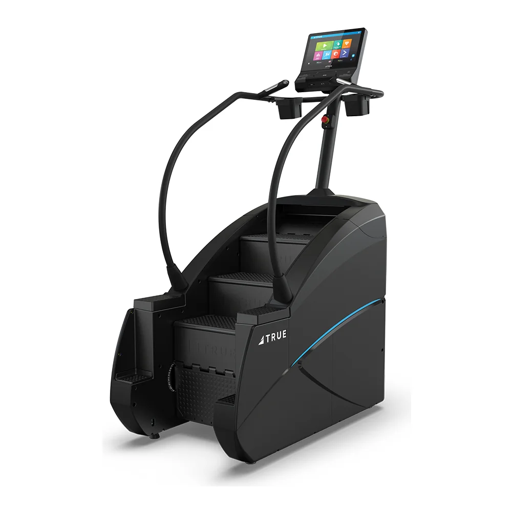 Black TRUE Palisade stair climber with a rotating staircase, curved handrails and a touchscreen console