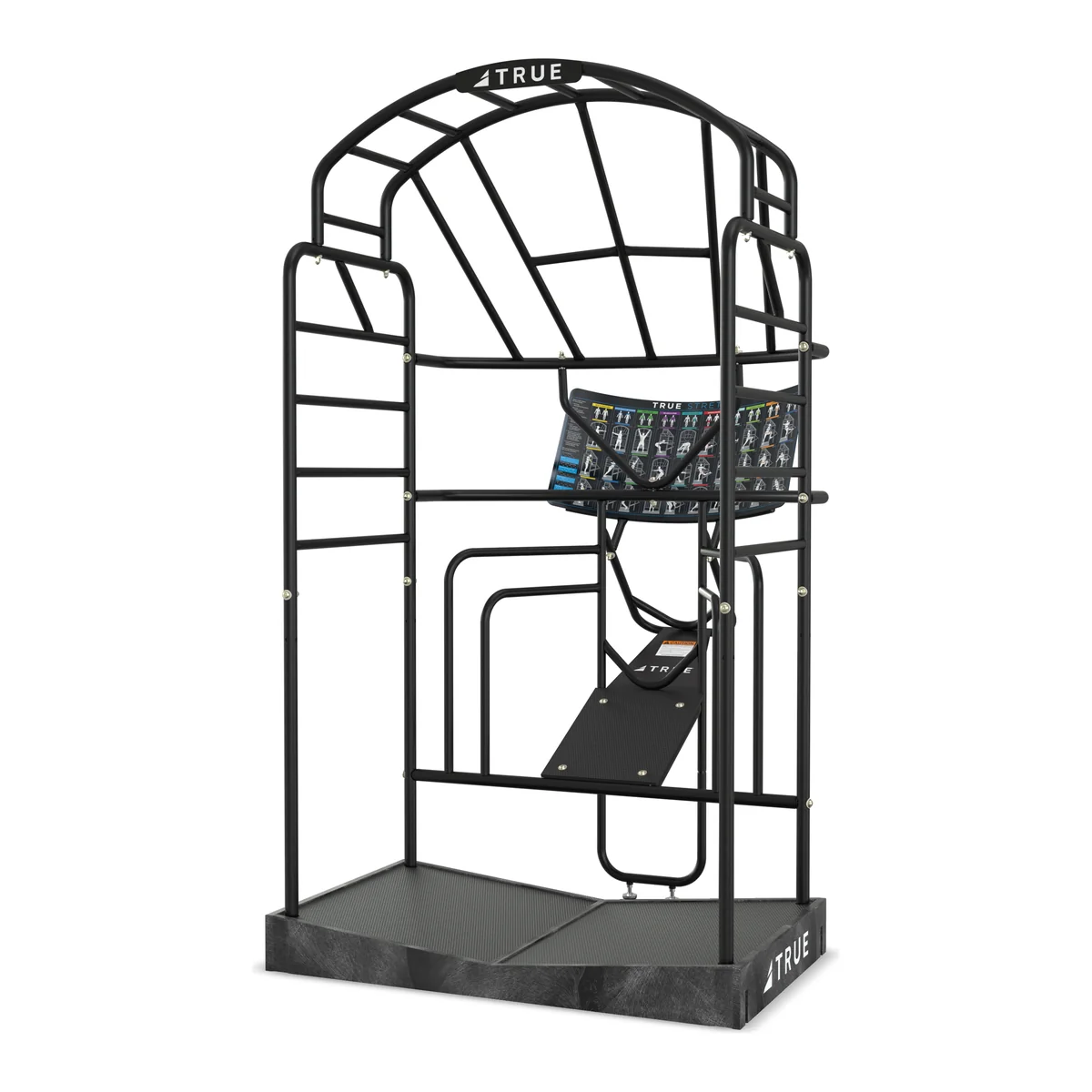 Black TRUE Stretch Cage, an arched steel stretching frame with a placard panel and a non-skid platform