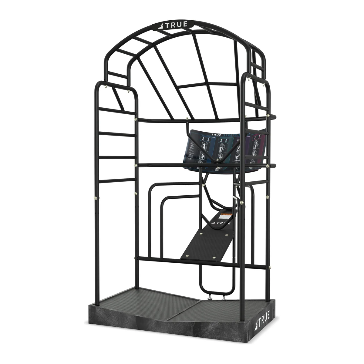 Black TRUE Stretch Golf, an arched steel stretching frame with golf stretch placards and a non-skid platform