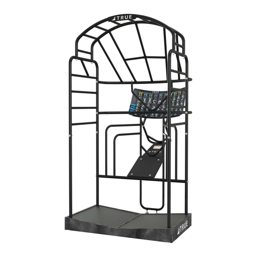 Black TRUE Stretch Pro, an extra-tall arched steel stretching frame with placards and a non-skid platform