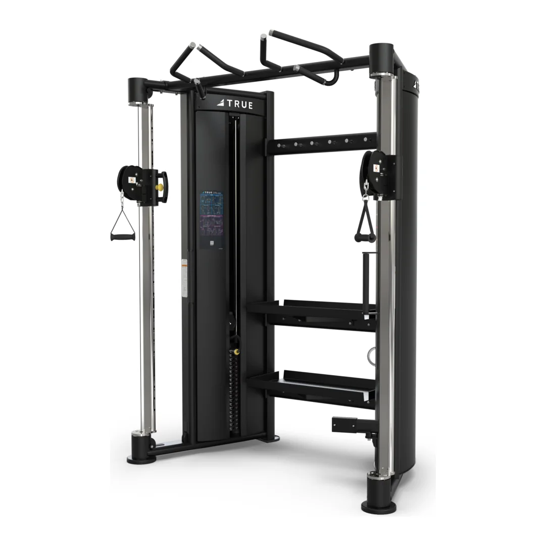 Black TRUE FT-900 functional trainer with two adjustable pulley columns, a chin bar and a fold-down step
