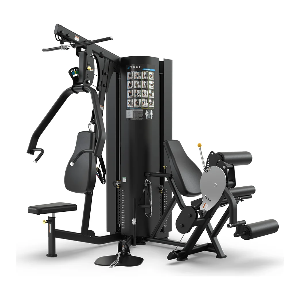 Black TRUE MP 2.0 multi-station with a press arm, a leg extension seat and a central weight stack tower