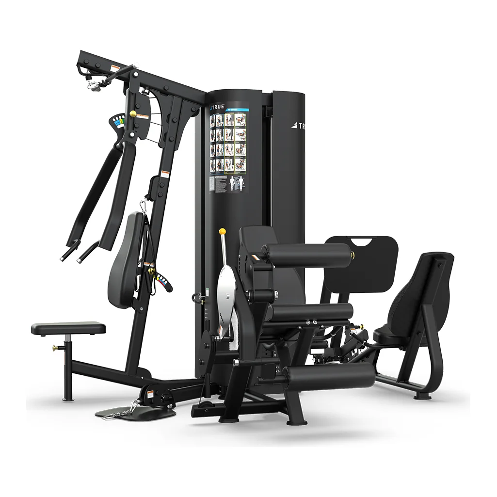 Black TRUE MP 3.5 multi-station with press, leg extension and leg press stations around its weight stacks