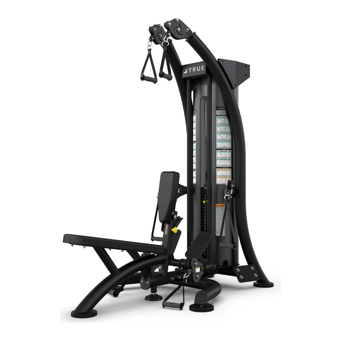 Black TRUE SM-1050 Quickfit Pro single-tower trainer with a curved column, cable handles and a bench seat