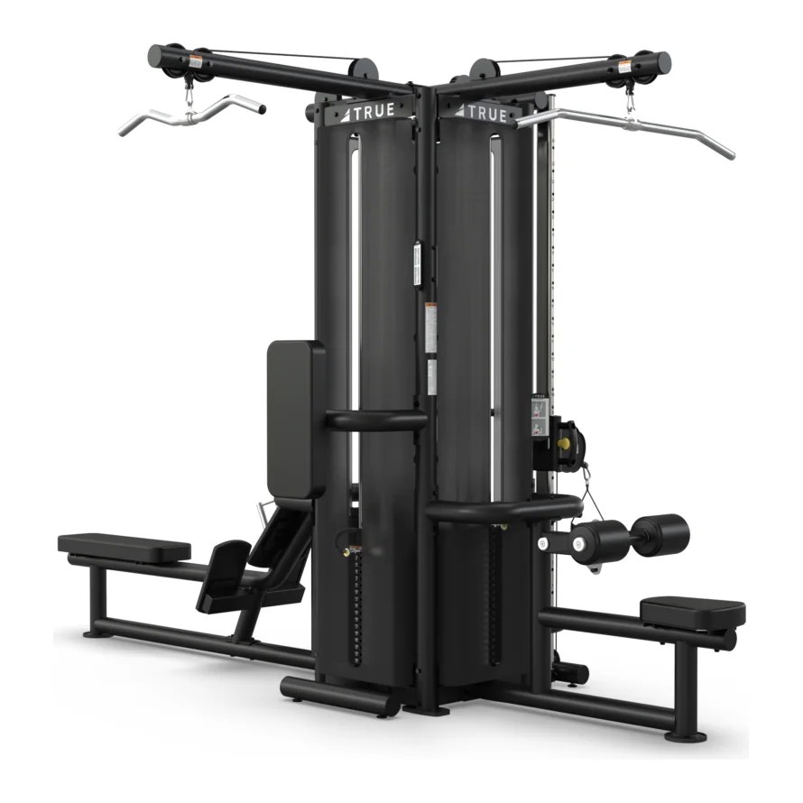 Black TRUE TMS4000 modular quad frame with four stations and lat bars around a central frame