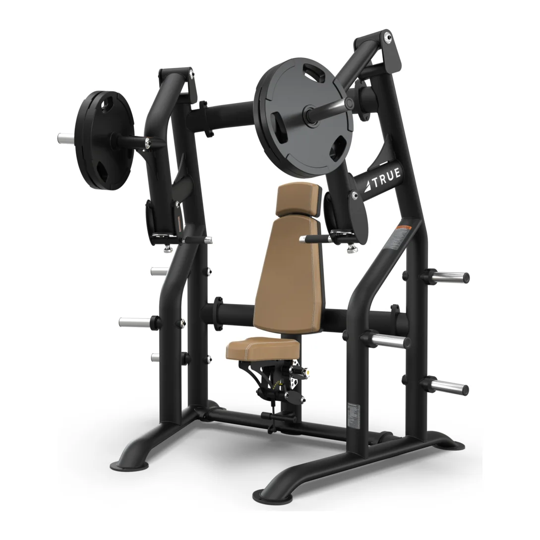 Black TRUE Palladium PLS-0100 plate-loaded chest press with tan pads and weight plates on both arms