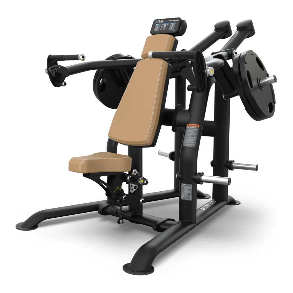 Black TRUE Palladium PLS-0200 plate-loaded shoulder press with a tan seat and back pad