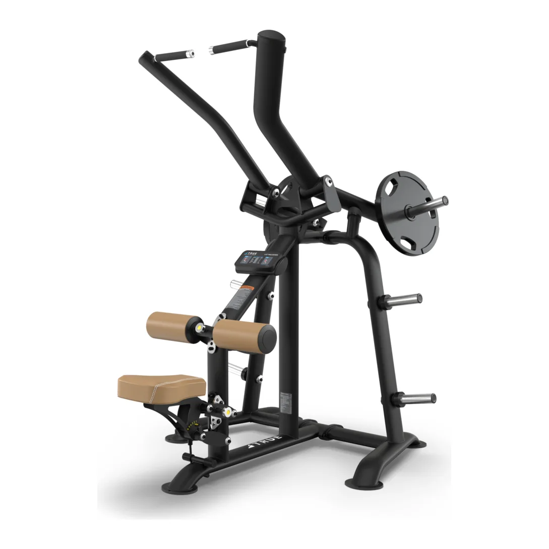 Black TRUE Palladium PLS-0300 plate-loaded lat pulldown with tall pull arms and tan thigh pads and seat