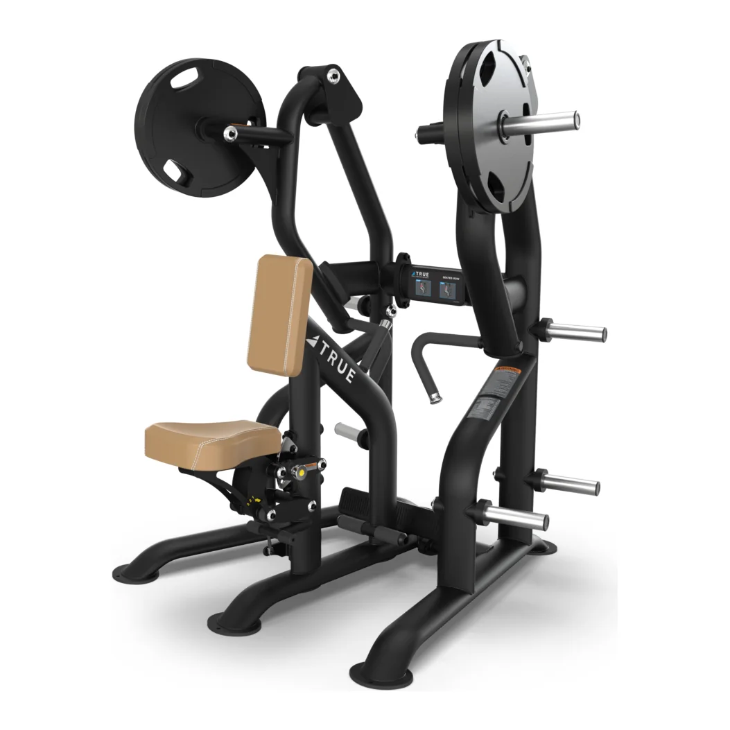 Black TRUE Palladium PLS-0400 plate-loaded seated row with a tan chest pad and seat