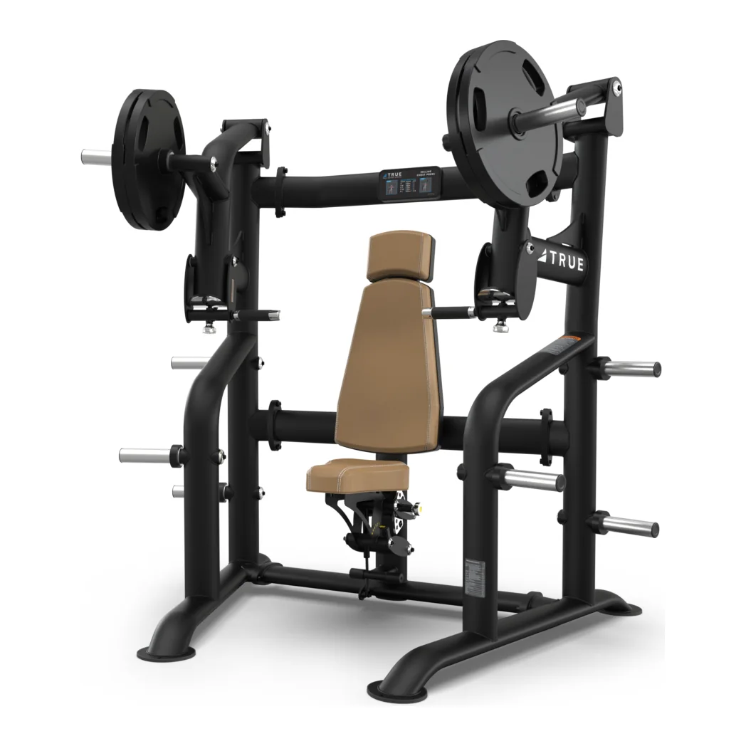 Black TRUE Palladium PLS-1100 plate-loaded incline chest press with tan pads and plates on both arms