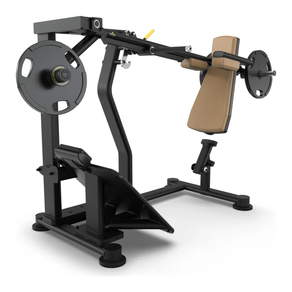 Black TRUE Palladium PLS-1400 pendulum squat with a tan shoulder pad and a weight horn at each end