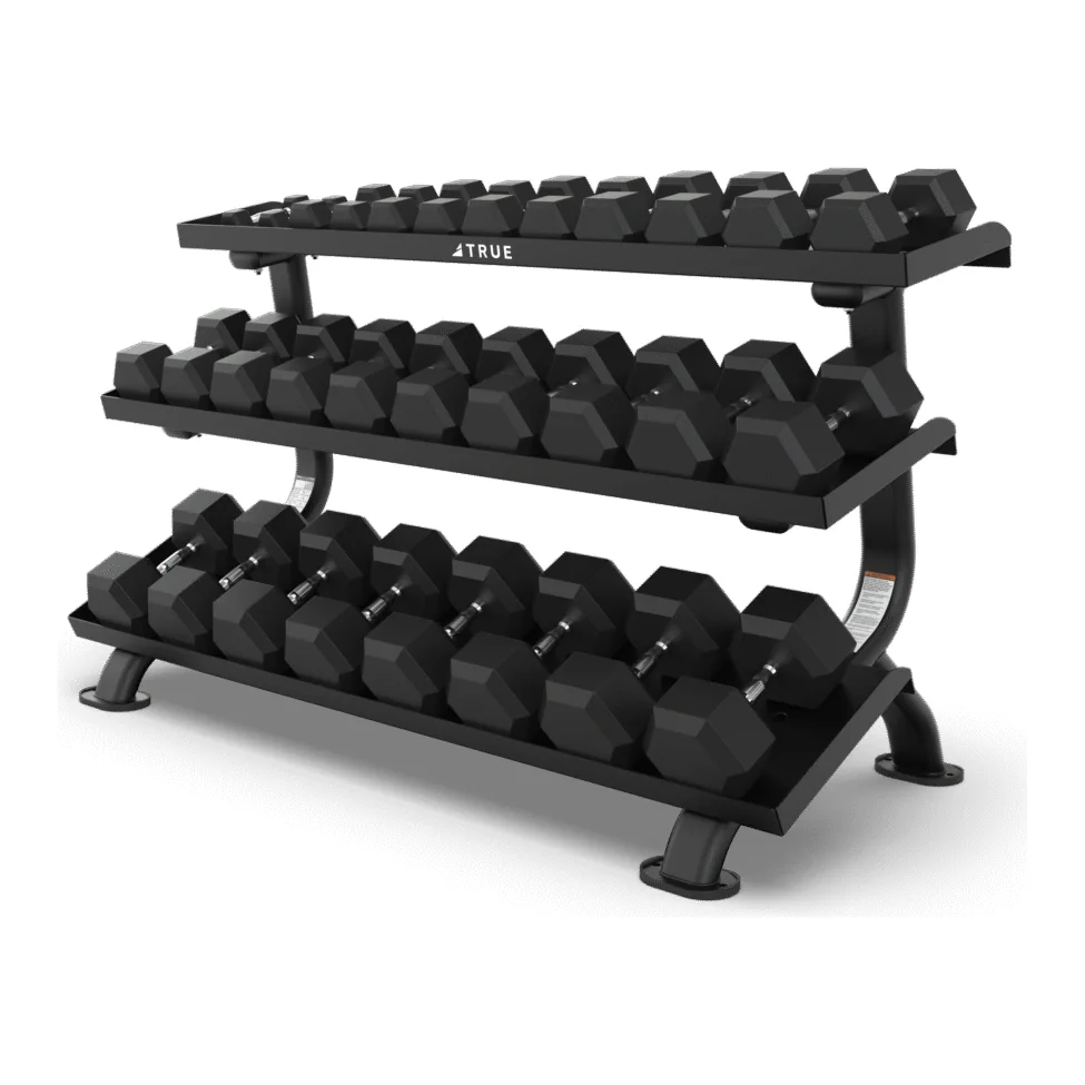 Black TRUE SF1075 three-tier dumbbell rack loaded with hex dumbbells