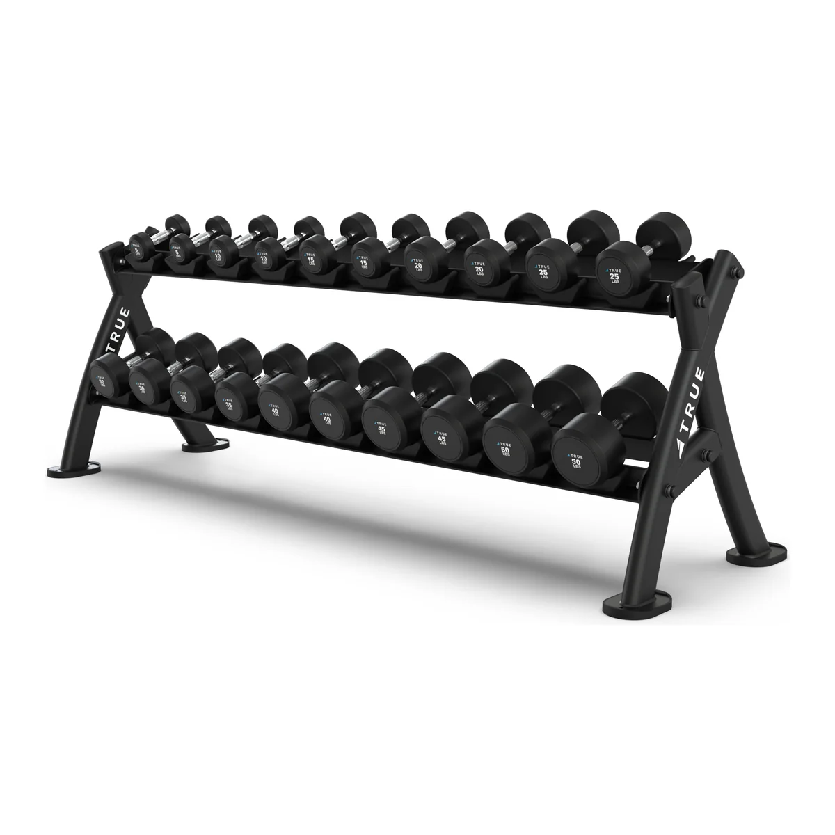 Black TRUE XFW-4700 two-tier dumbbell rack loaded with round dumbbells