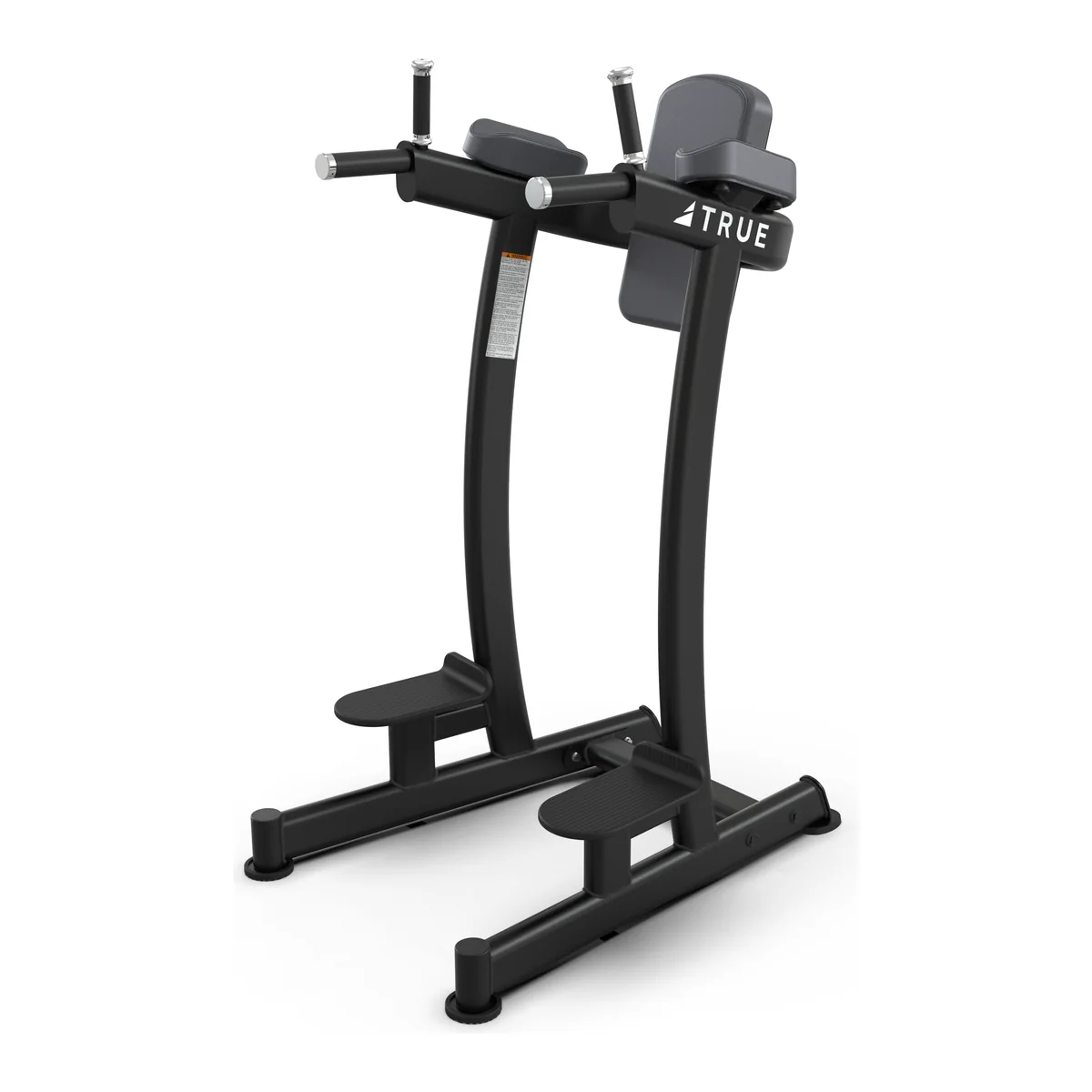 Black TRUE XFW-6400 vertical knee raise and dip station with elbow pads and a back pad