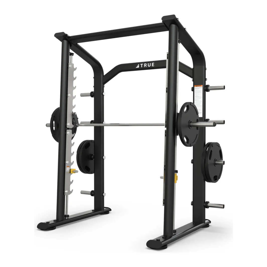 Black TRUE XFW-6800 Smith machine with a guided bar, weight plates and storage posts
