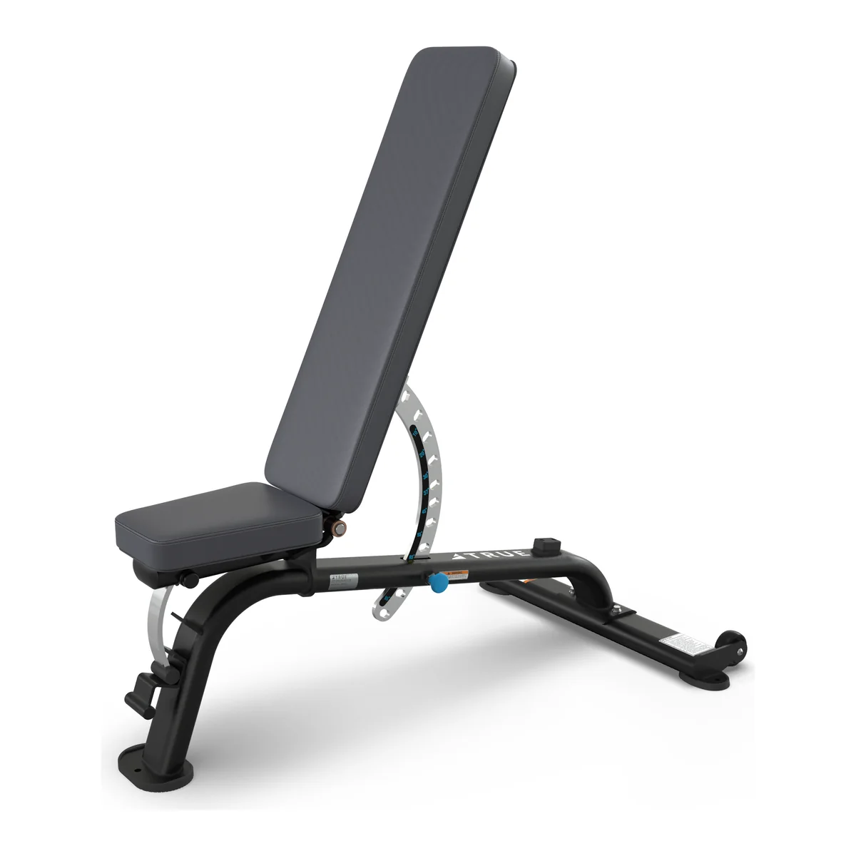 Black TRUE XFW-7500 adjustable bench with a gray pad raised to an incline beside an angle dial