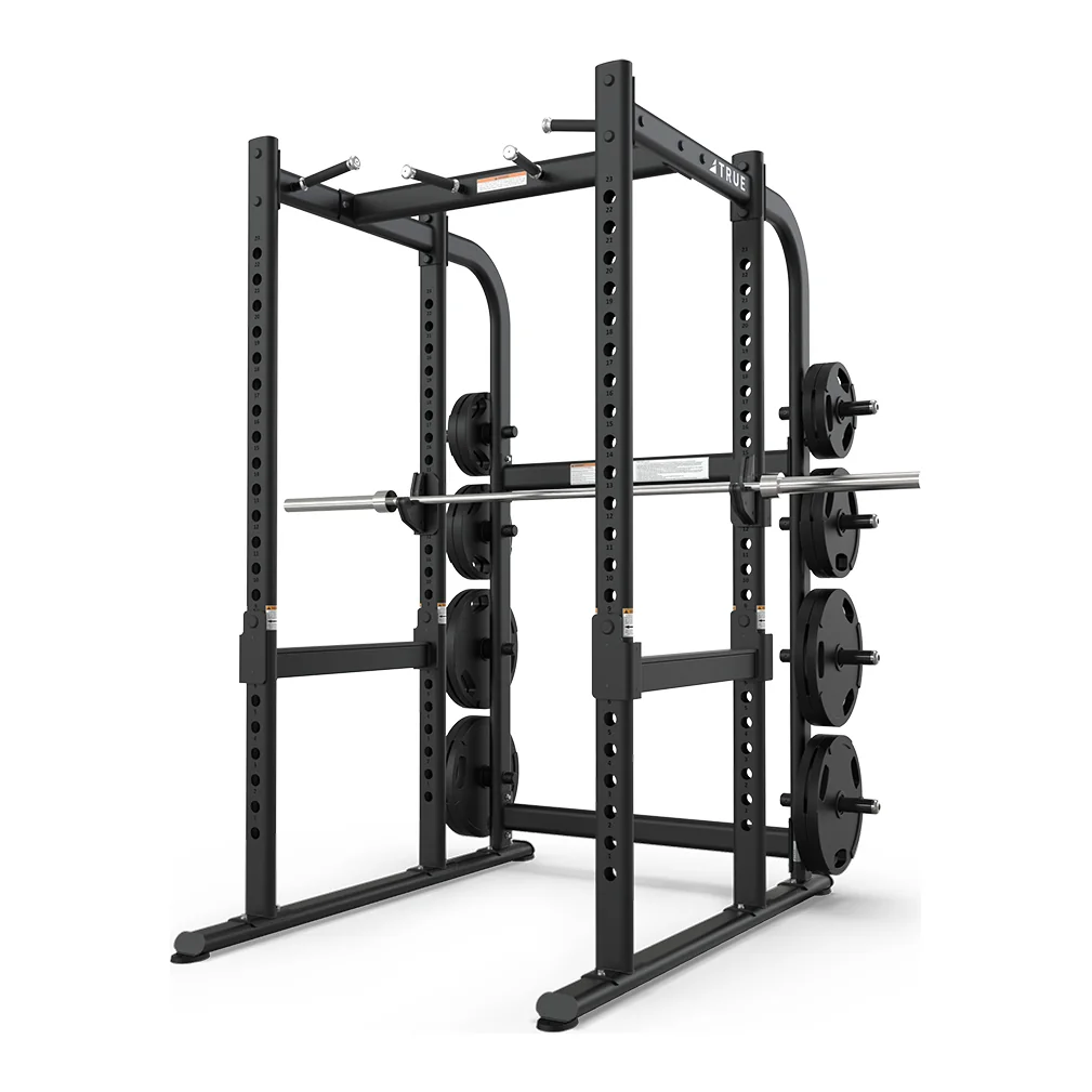 Black TRUE XFW-7900 power rack with a loaded barbell and weight plates on its storage posts