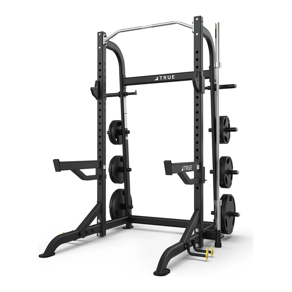 Black TRUE XFW-8100 half rack with a pull-up bar, safety arms and plate storage