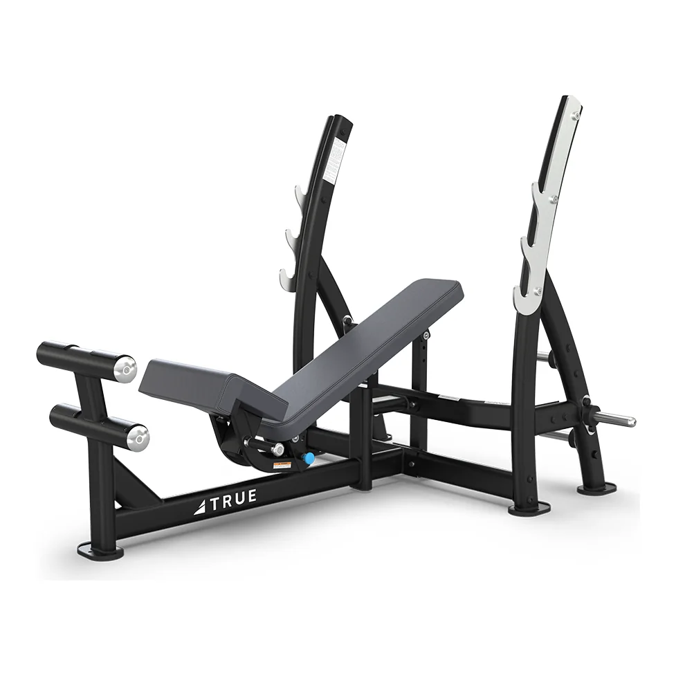 Black TRUE XFW-8200 three-way Olympic bench press with a gray pad and bar catches