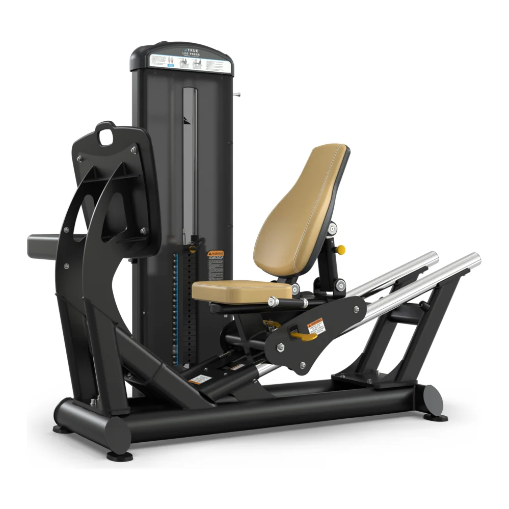 Black TRUE Fuse XL FUSE-0300 leg press with a tan seat and back pad and an angled foot platform