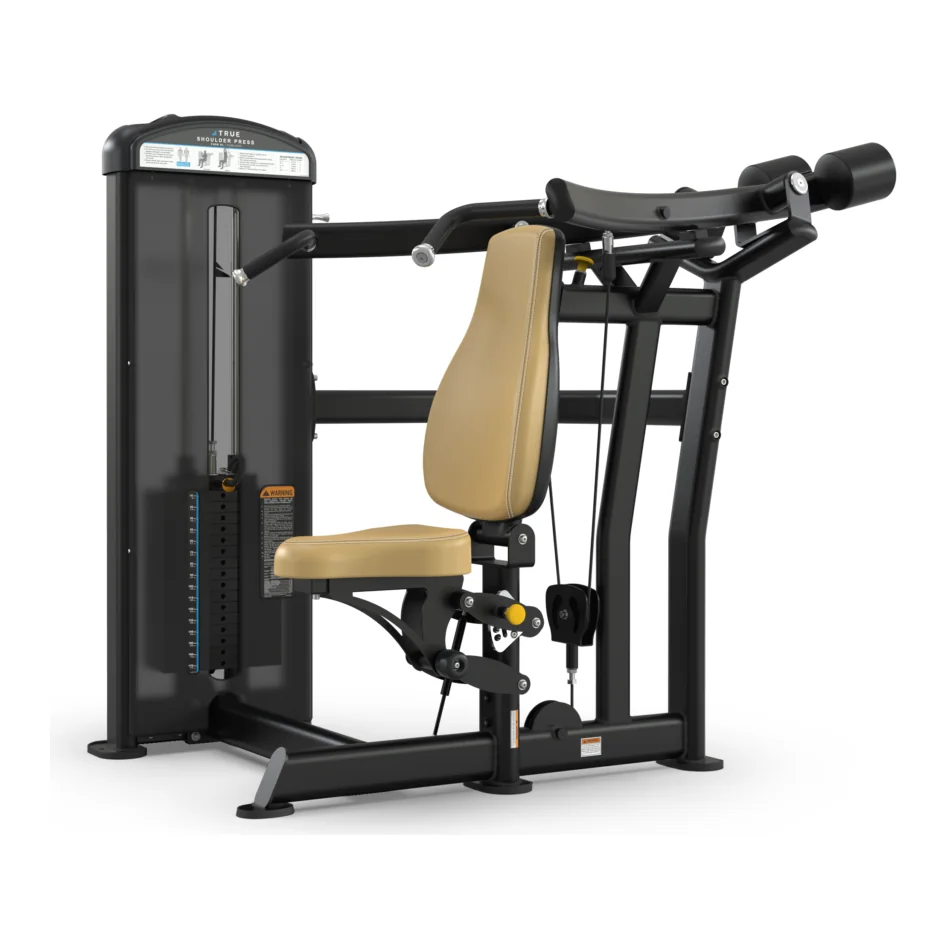Black TRUE Fuse XL FUSE-0700 shoulder press with a tan seat and back pad and converging press arms