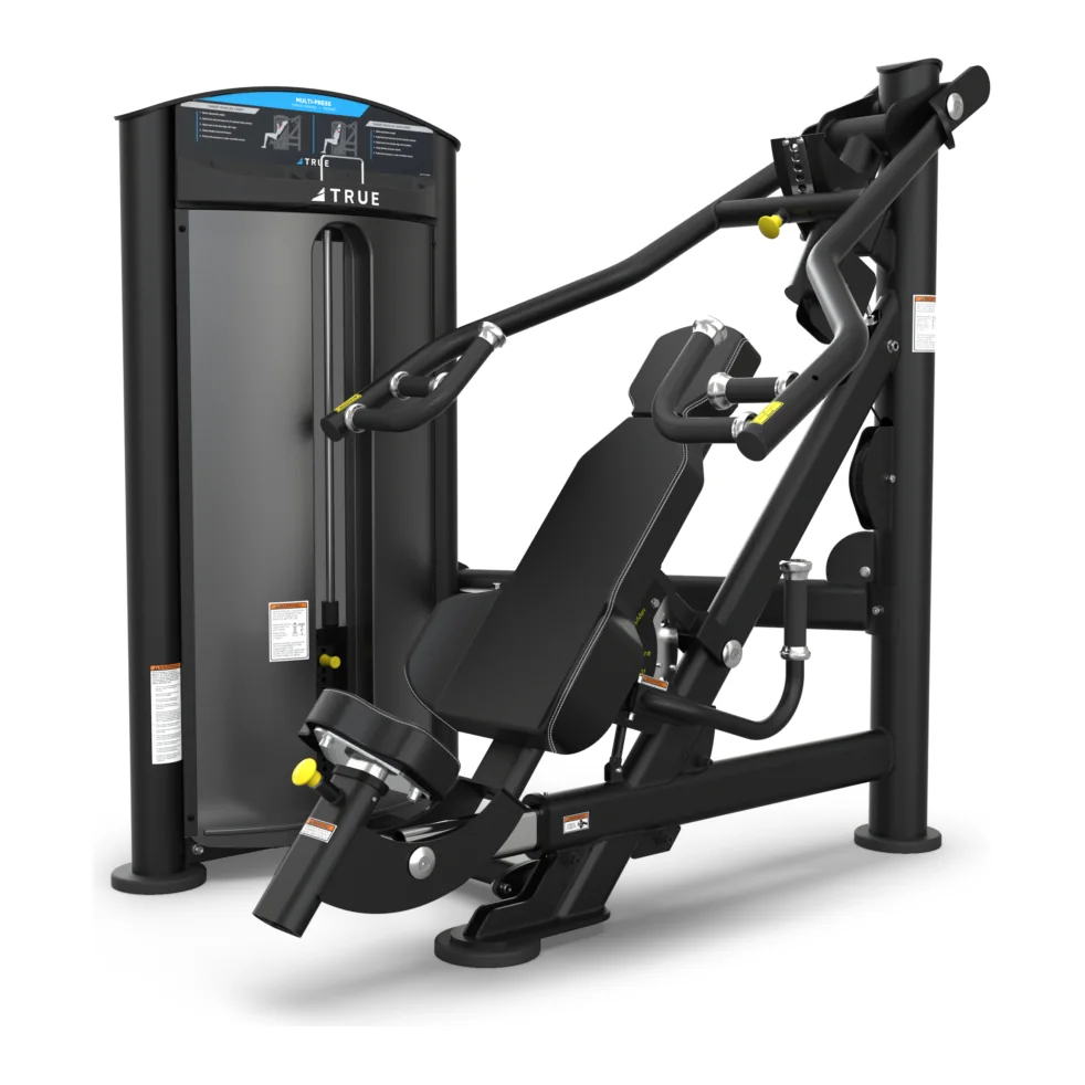 Black TRUE Force SD-1005 multi-press with an adjustable back pad and press arms beside a weight stack