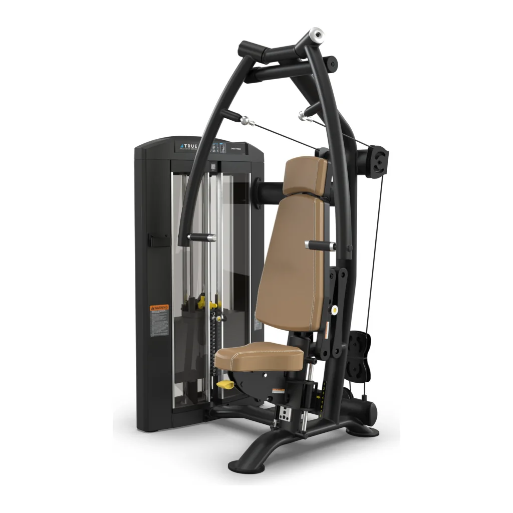 Black TRUE Palladium SPL-0900 chest press with tan upholstery, overhead pivots and a shrouded weight stack