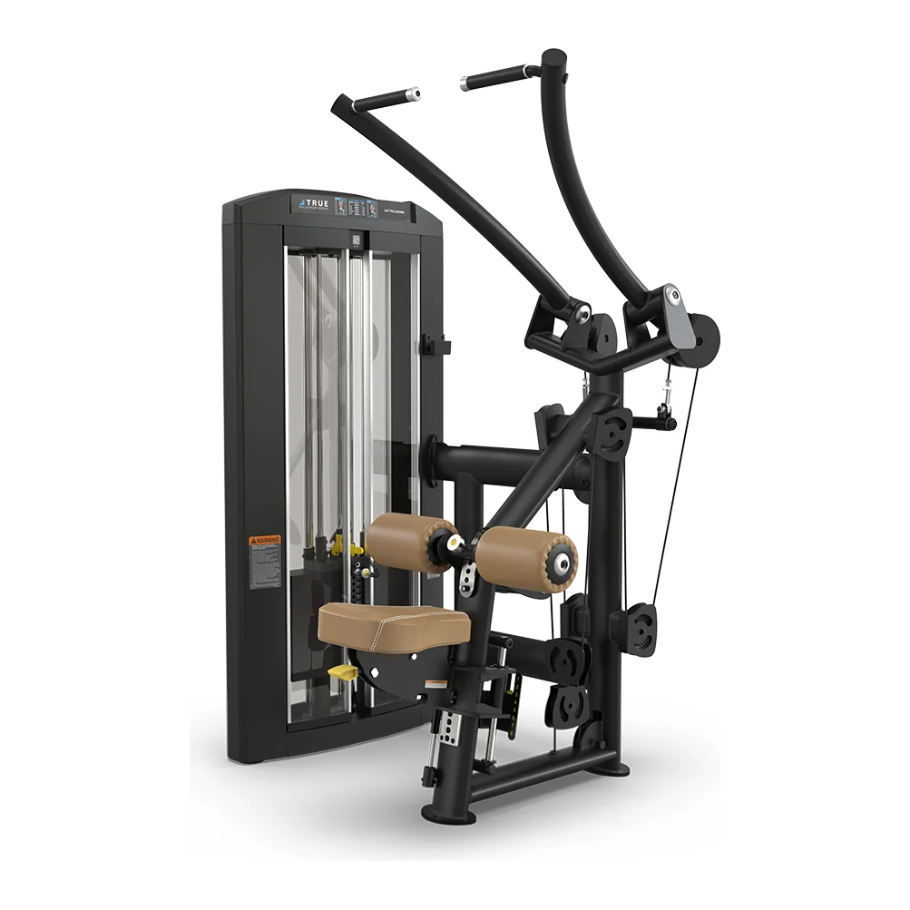 Black TRUE Palladium SPL-1100 lat pulldown with unilateral pull arms and tan thigh pads and seat