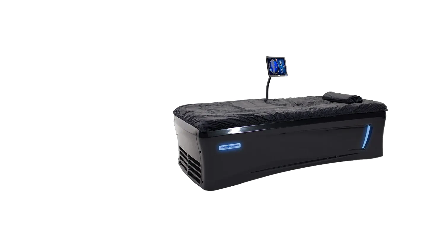 Black HydroMassage 340/350 water-massage bed with a fitted cover, an overhead console screen and blue accent lighting