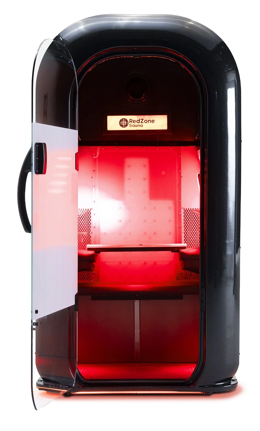 Close-up of a black RedZone infrared sauna cabin with its door open, showing a glowing red interior