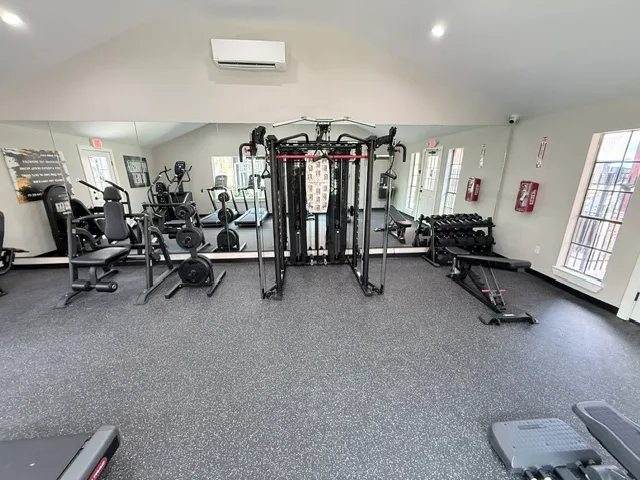 Power rack with cable and Smith options, a dumbbell rack and benches at a mirror wall in The Woodlands, Texas