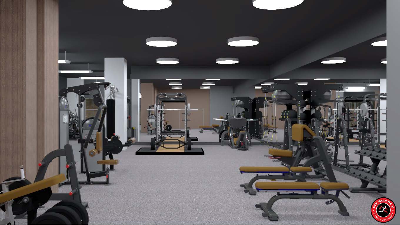 3D design of a police department training gym built for tactical fitness and strength training. Custom rendering of a fire station fitness center designed for durability and functional training