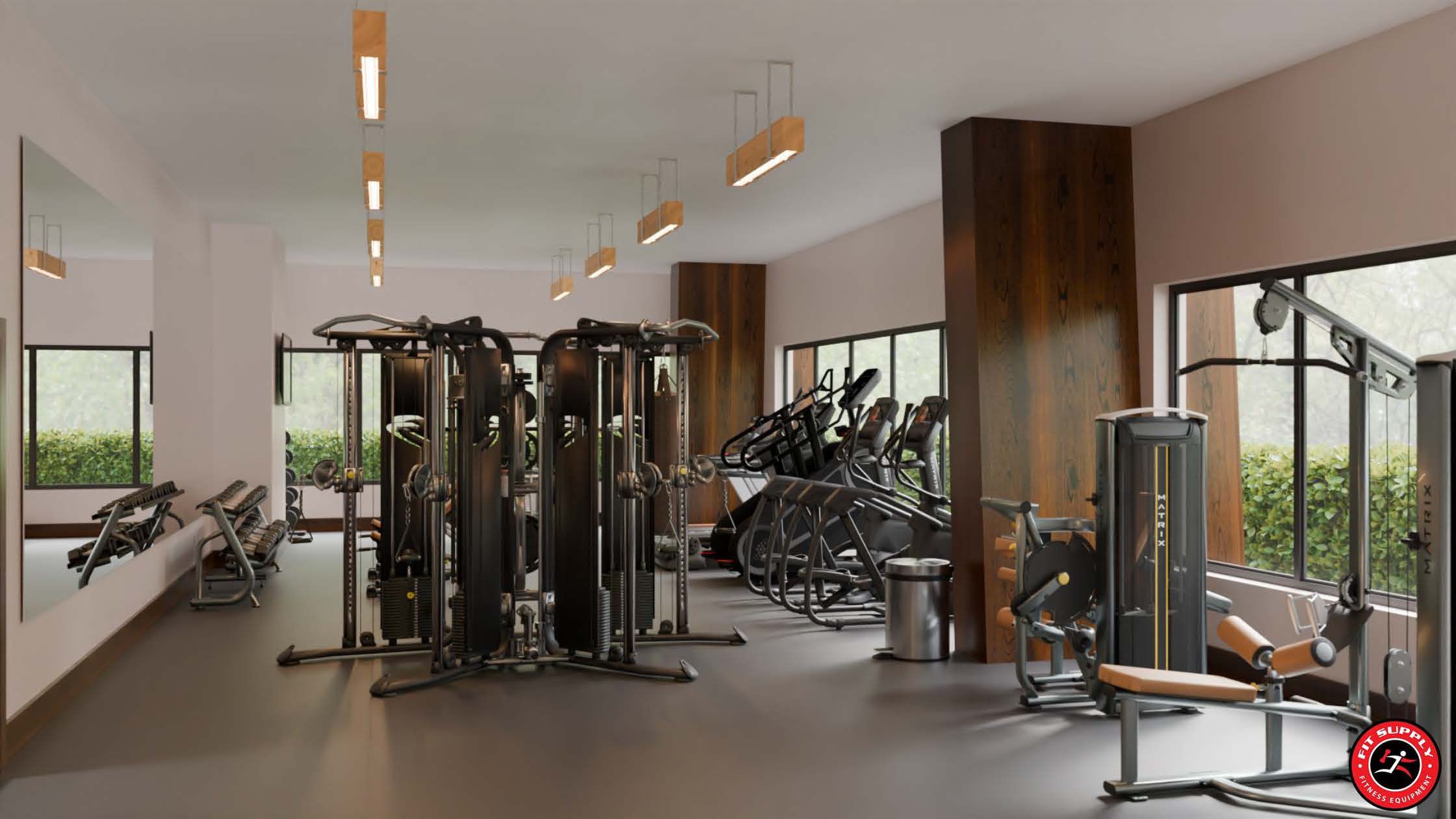 Photorealistic 3D rendering of a new gym setup, including cardio, strength, and functional training zones